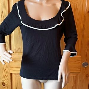 Vintage Y2K Agnes B Paris Black White Top Ruffle Size M Scoop Neck